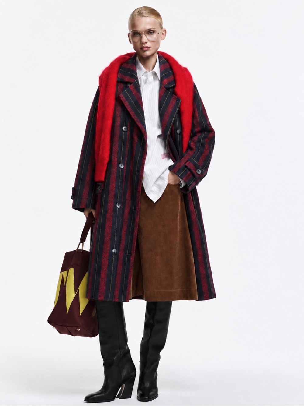 Vintage Striped Double Breasted Wool Blend Trench Overcoat Burgundy Navy M/L